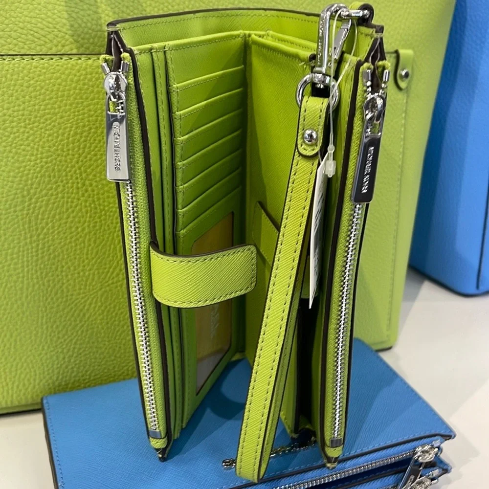 MICHAEL KORS LG DOUBLE ZIP WRISTLET Wallet Phone Case Holder Lime NWT